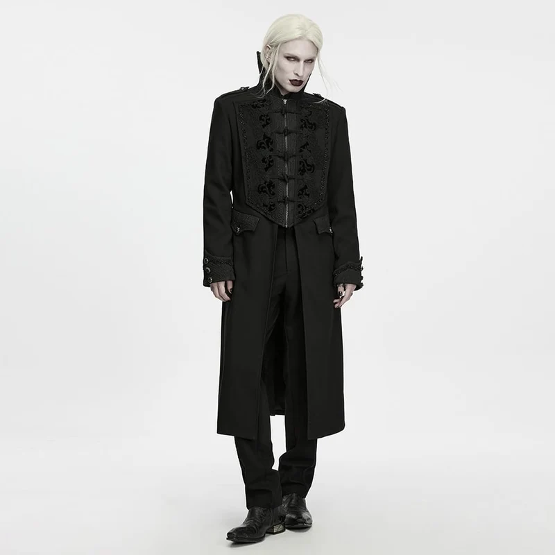 Gothic-Herrenjacke mit Stehkragen, Perlenapplikationen und langem Schnitt