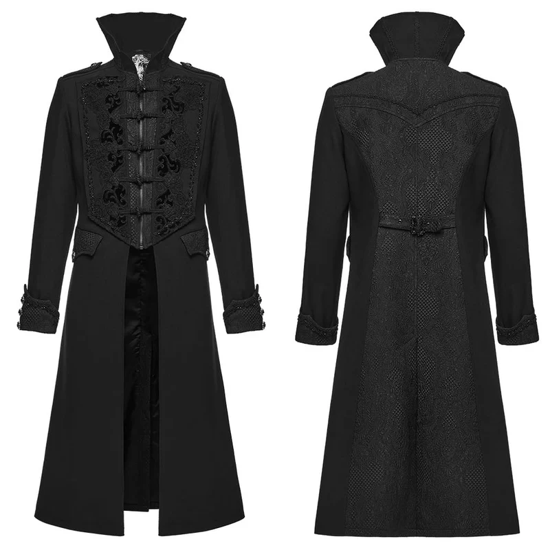 Gothic-Herrenjacke mit Stehkragen, Perlenapplikationen und langem Schnitt