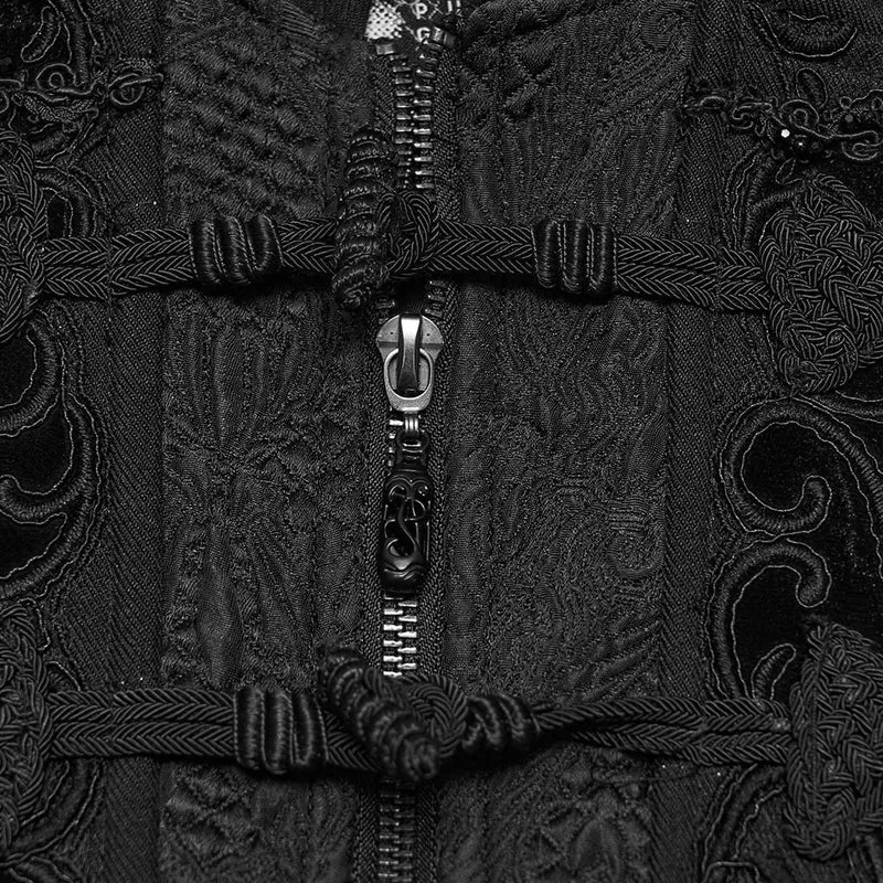 Gothic-Herrenjacke mit Stehkragen, Perlenapplikationen und langem Schnitt