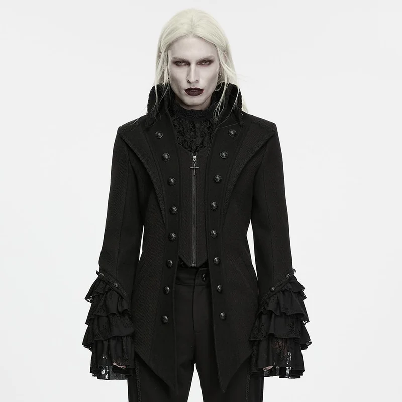 Gothic-Herrenjacke mit geprägtem Knopfdekor, Rüschenmanschetten und Reversverzierung.
