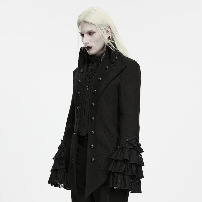 Gothic-Herrenjacke mit geprägtem Knopfdekor, Rüschenmanschetten und Reversverzierung.