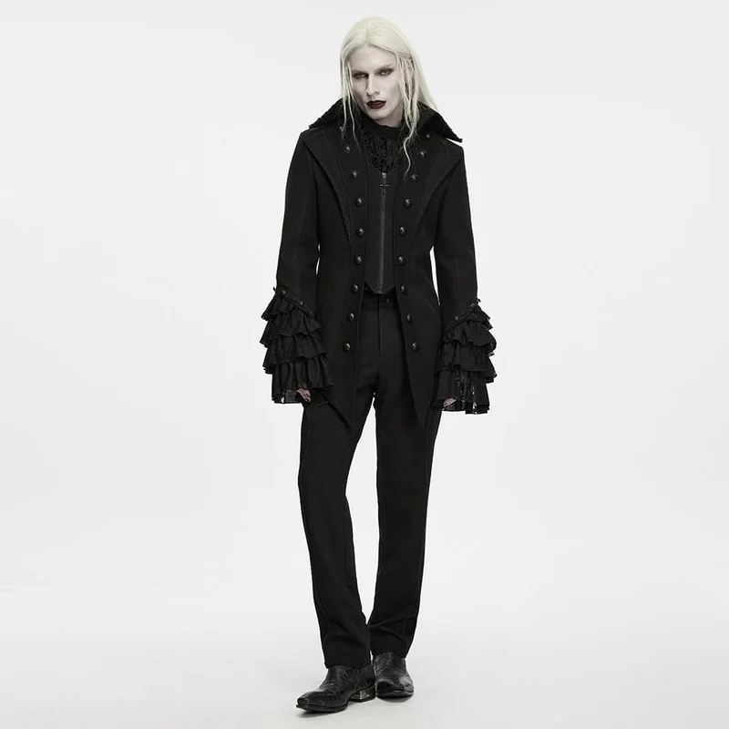 Gothic-Herrenjacke mit geprägtem Knopfdekor, Rüschenmanschetten und Reversverzierung.
