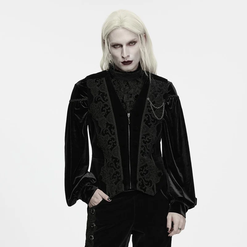 Schwarze Herrenweste im Gothic-Stil mit Applikationen, Kettenmuster und Frontreißverschluss