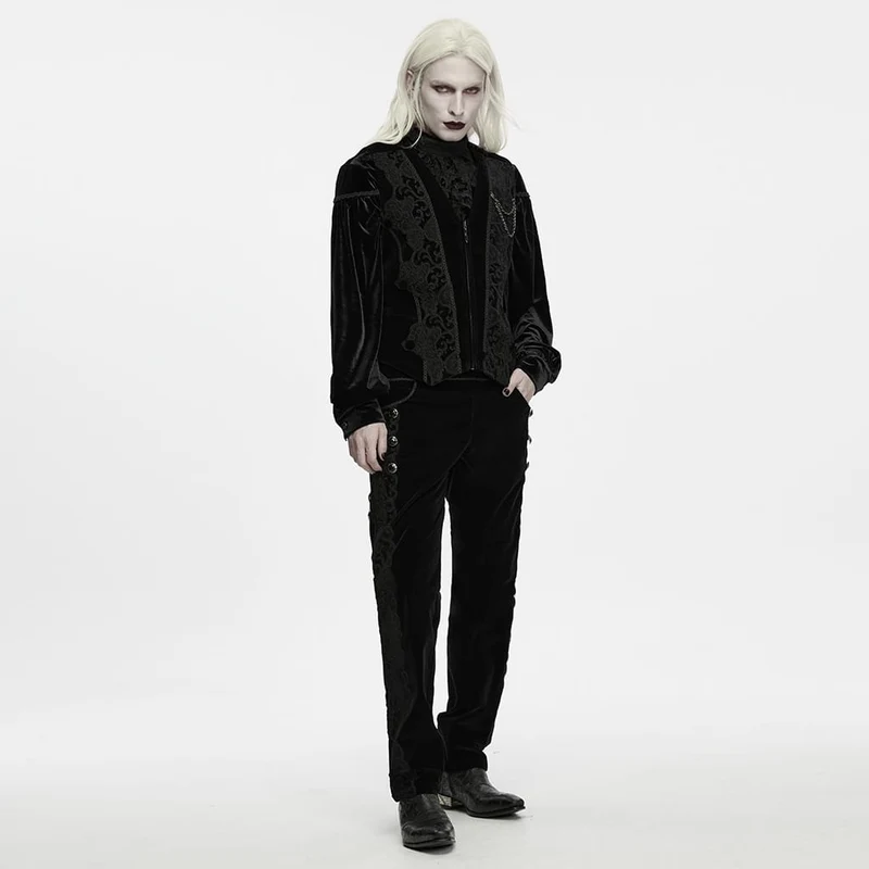 Schwarze Herrenweste im Gothic-Stil mit Applikationen, Kettenmuster und Frontreißverschluss