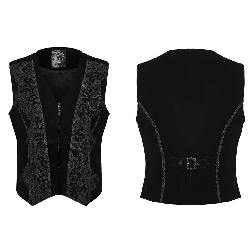Schwarze Herrenweste im Gothic-Stil mit Applikationen, Kettenmuster und Frontreißverschluss