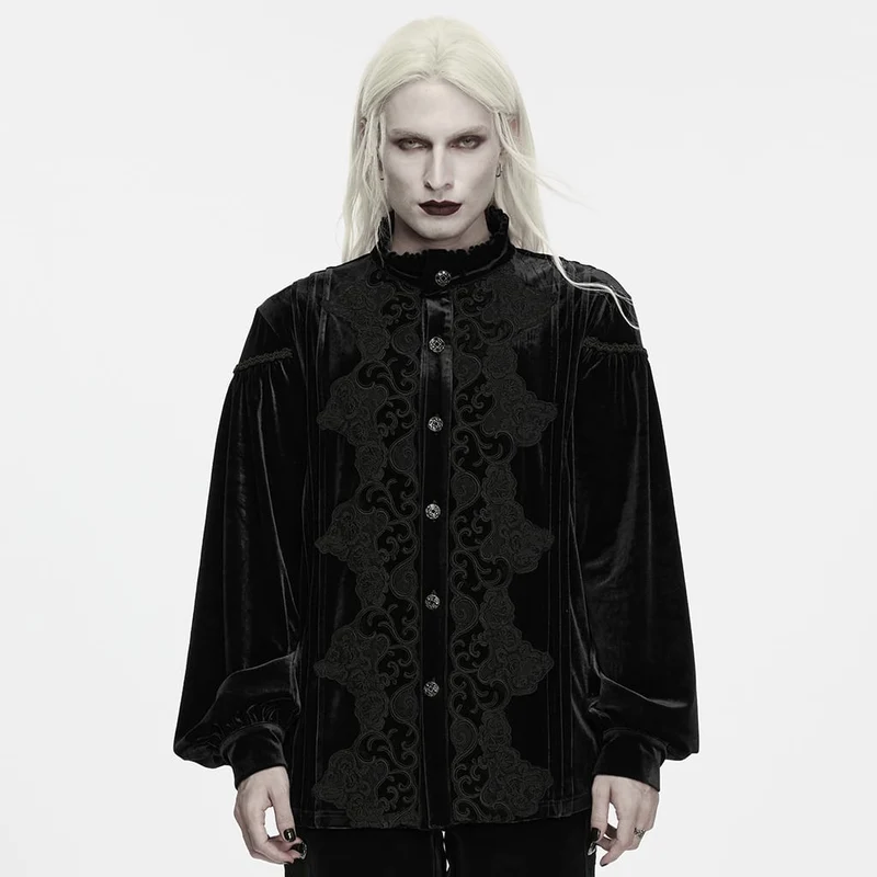 Schwarzes Herrenhemd aus schwarzem Gothic-Samt mit Rüschen am Stehkragen und Laternenärmeln
