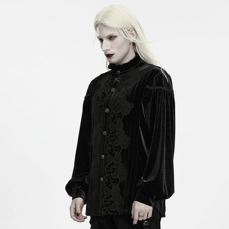 Schwarzes Herrenhemd aus schwarzem Gothic-Samt mit Rüschen am Stehkragen und Laternenärmeln