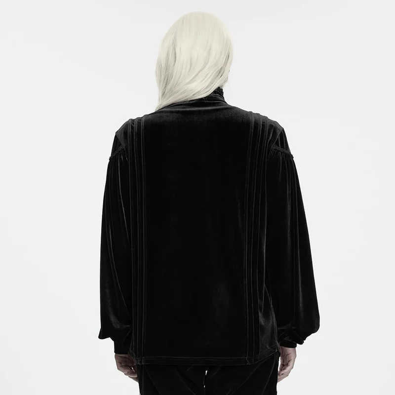 Schwarzes Herrenhemd aus schwarzem Gothic-Samt mit Rüschen am Stehkragen und Laternenärmeln