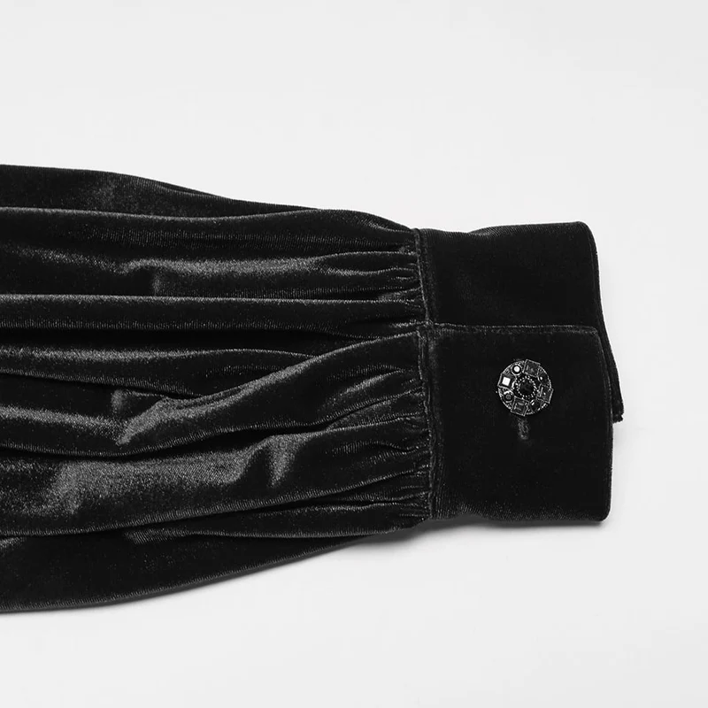 Schwarzes Herrenhemd aus schwarzem Gothic-Samt mit Rüschen am Stehkragen und Laternenärmeln