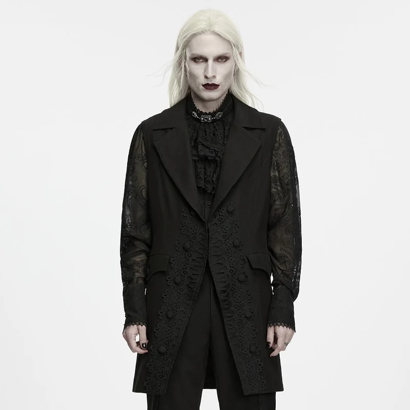 Lange Herrenweste im Gothic-Stil mit Spitzenapplikationen und Revers