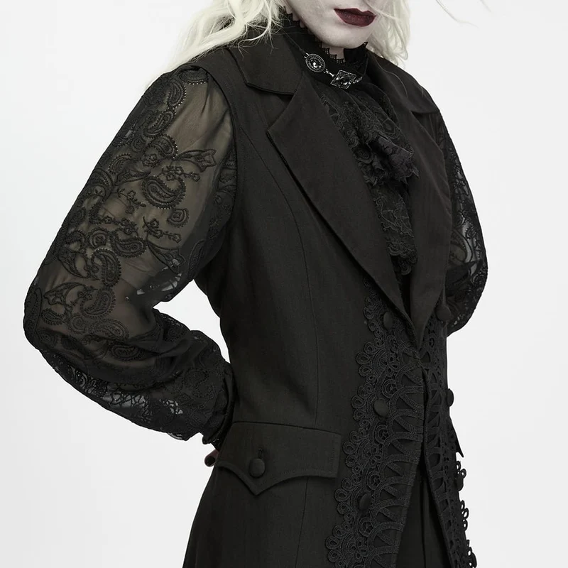 Lange Herrenweste im Gothic-Stil mit Spitzenapplikationen und Revers
