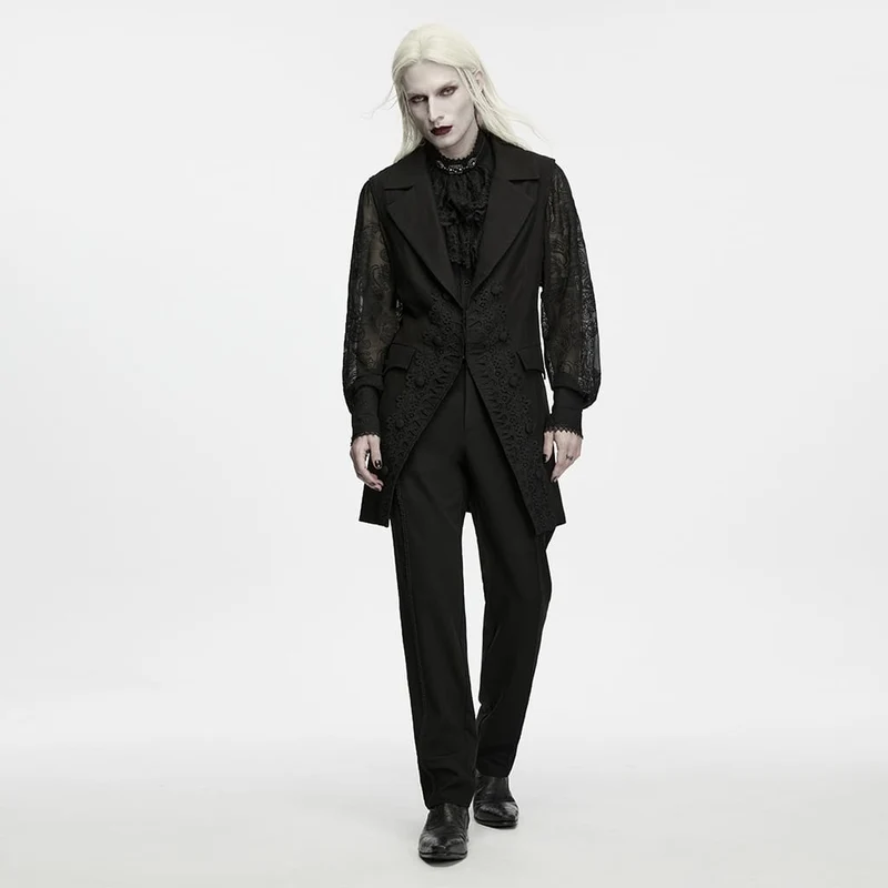 Lange Herrenweste im Gothic-Stil mit Spitzenapplikationen und Revers