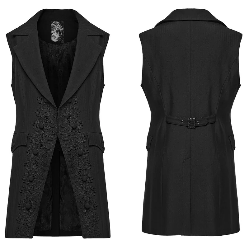 Lange Herrenweste im Gothic-Stil mit Spitzenapplikationen und Revers
