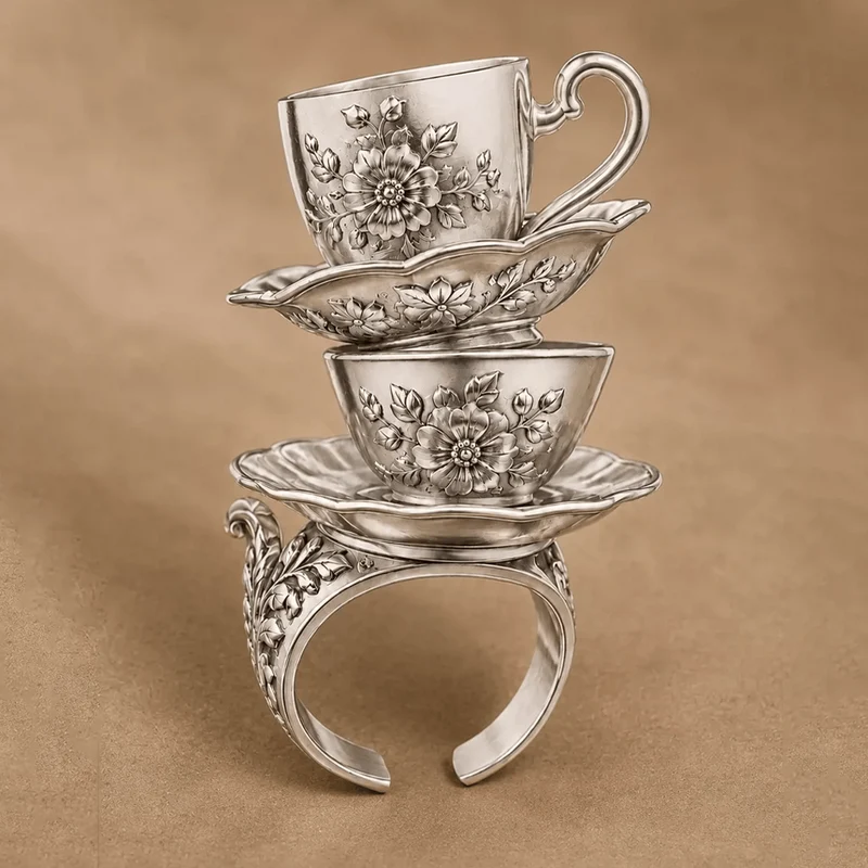 Gothic-Ring für Damen mit 3D-Blumenmuster, verziert mit Teetasse und Untertasse, offener Ring