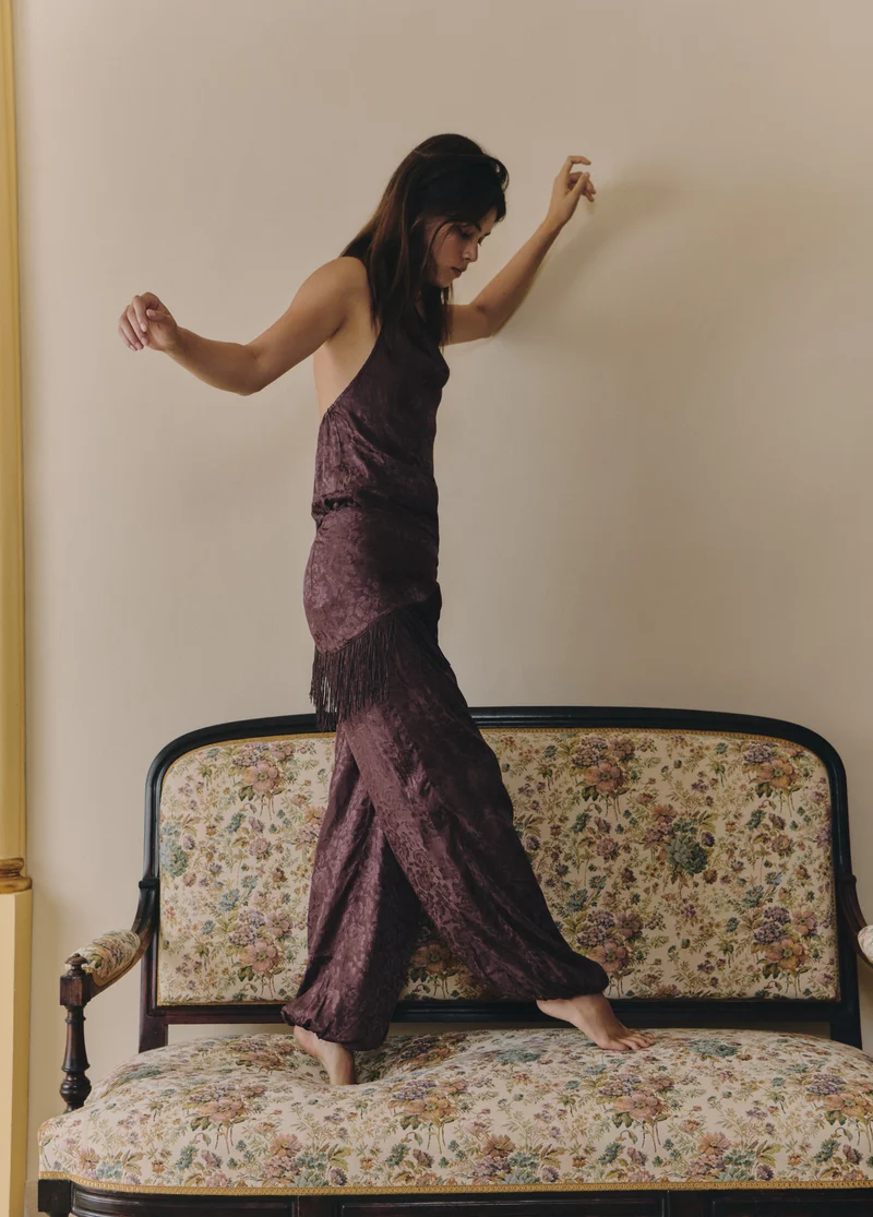Harem pants with fringed scarf