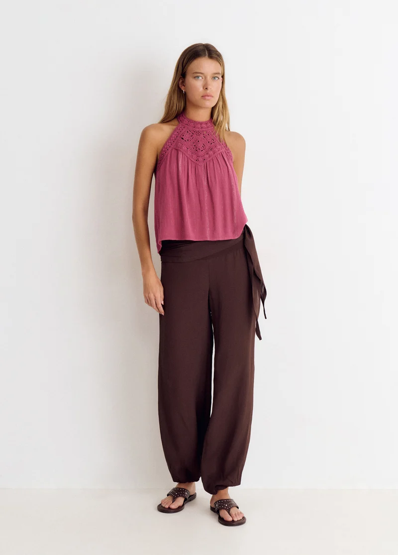 Halter top with crochet neckline