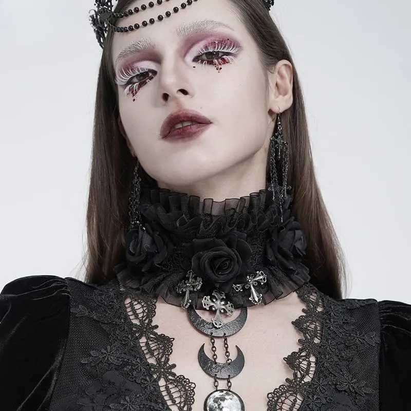 Gothic-Halskragen mit Kreuz- und Rosenmotiv für Damen, aus Rüschenspitze und Mesh, schwarz