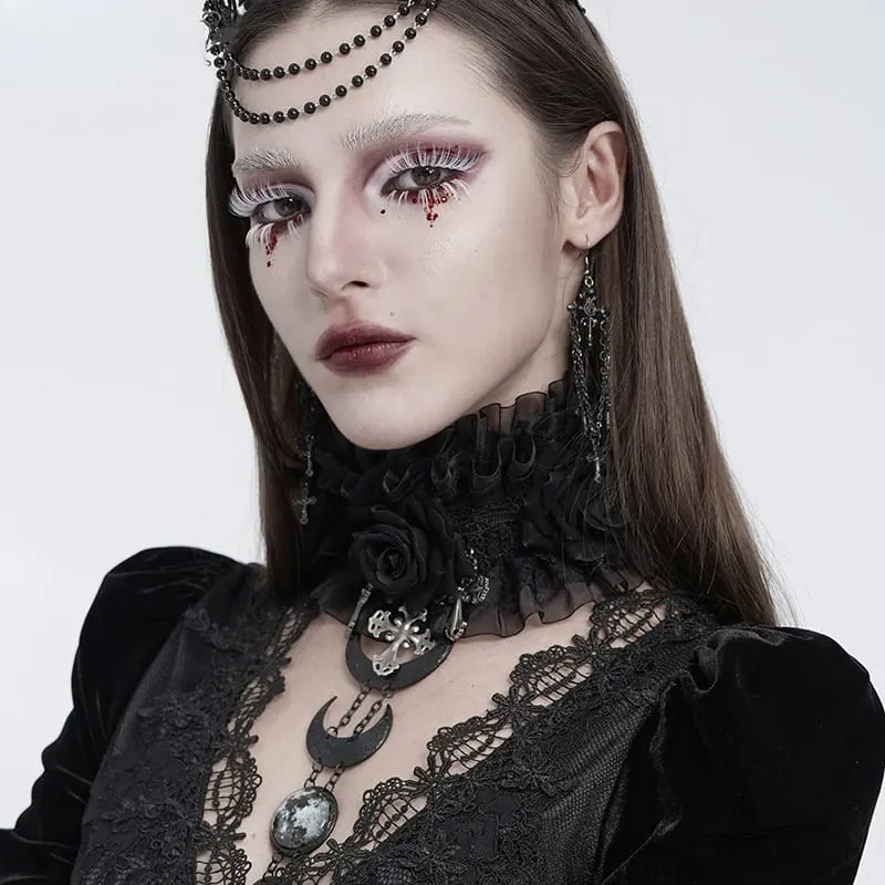 Gothic-Halskragen mit Kreuz- und Rosenmotiv für Damen, aus Rüschenspitze und Mesh, schwarz
