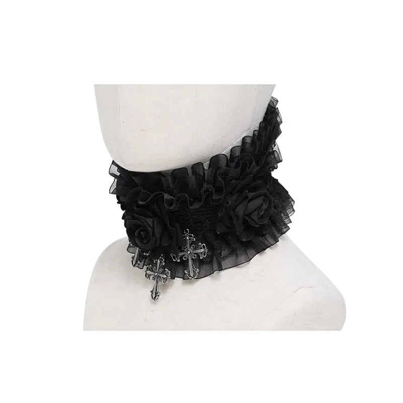 Gothic-Halskragen mit Kreuz- und Rosenmotiv für Damen, aus Rüschenspitze und Mesh, schwarz