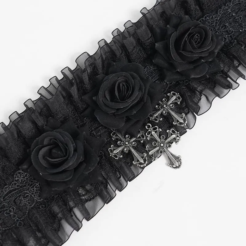 Gothic-Halskragen mit Kreuz- und Rosenmotiv für Damen, aus Rüschenspitze und Mesh, schwarz