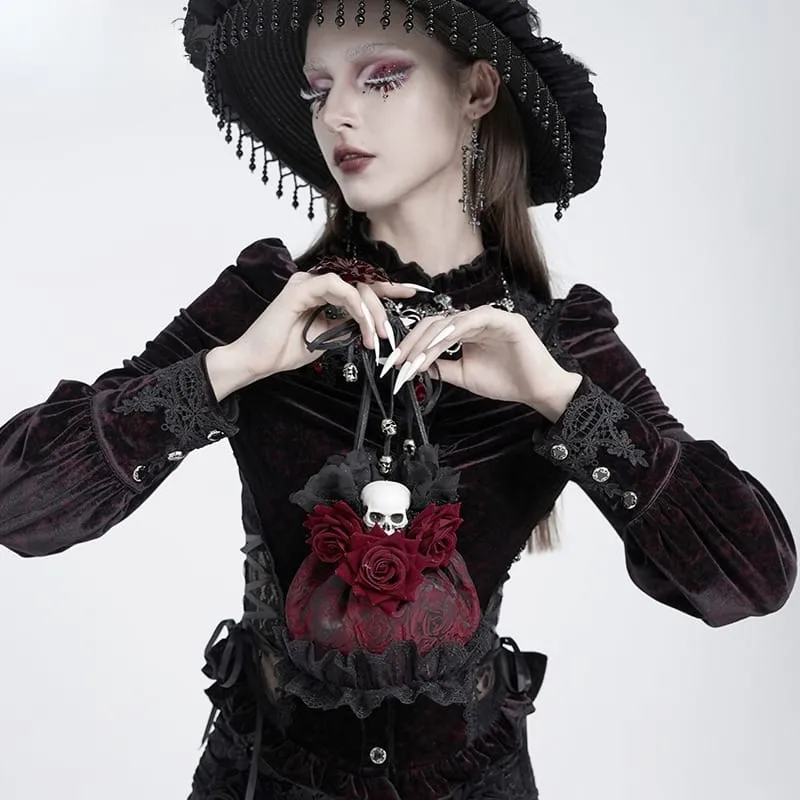 Gothic-Handtasche mit Rosen-Totenkopf-Spitzenrüschen und Kordelzug, Rot