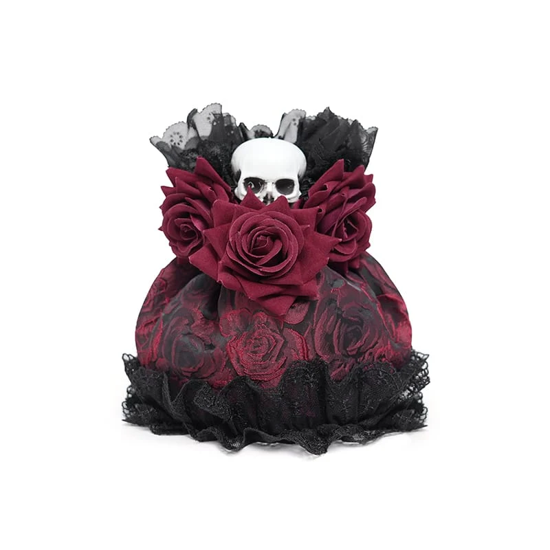 Gothic-Handtasche mit Rosen-Totenkopf-Spitzenrüschen und Kordelzug, Rot