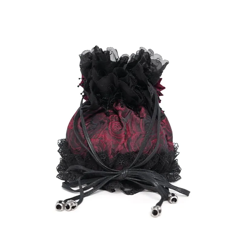 Gothic-Handtasche mit Rosen-Totenkopf-Spitzenrüschen und Kordelzug, Rot