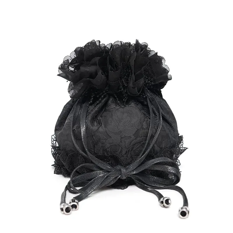 Gothic-Handtasche mit Rosen-Totenkopf-Spitzenrüschen und Kordelzug, Schwarz