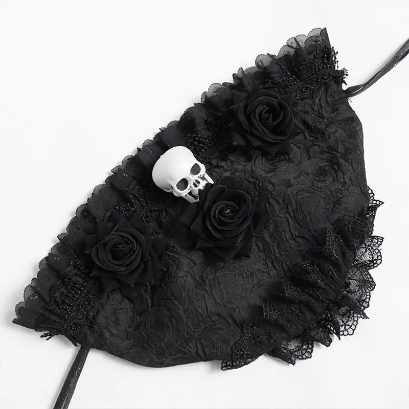 Gothic-Handtasche mit Rosen-Totenkopf-Spitzenrüschen und Kordelzug, Schwarz