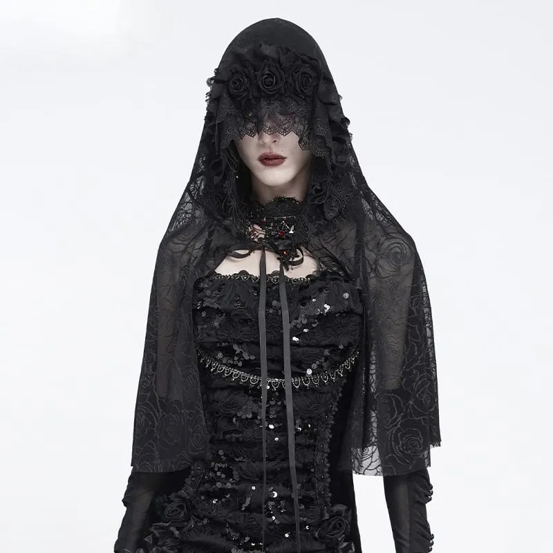 Gothic-Umhang mit Rosenmuster und Kapuze aus Netzgewebe für Damen