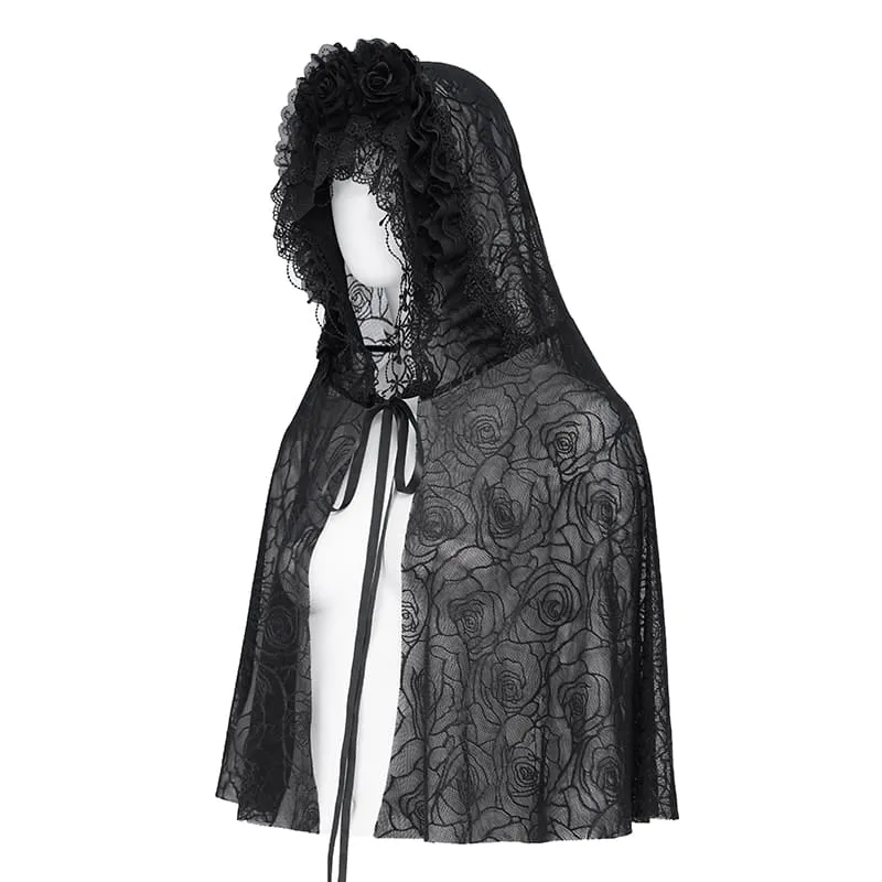 Gothic-Umhang mit Rosenmuster und Kapuze aus Netzgewebe für Damen