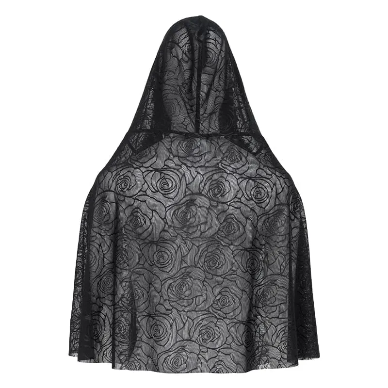 Gothic-Umhang mit Rosenmuster und Kapuze aus Netzgewebe für Damen