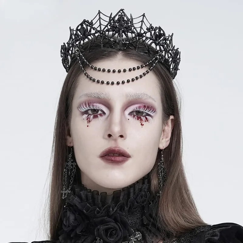 Gothic-Krone für Damen mit Spinnennetz-Motiv und Perlenkette