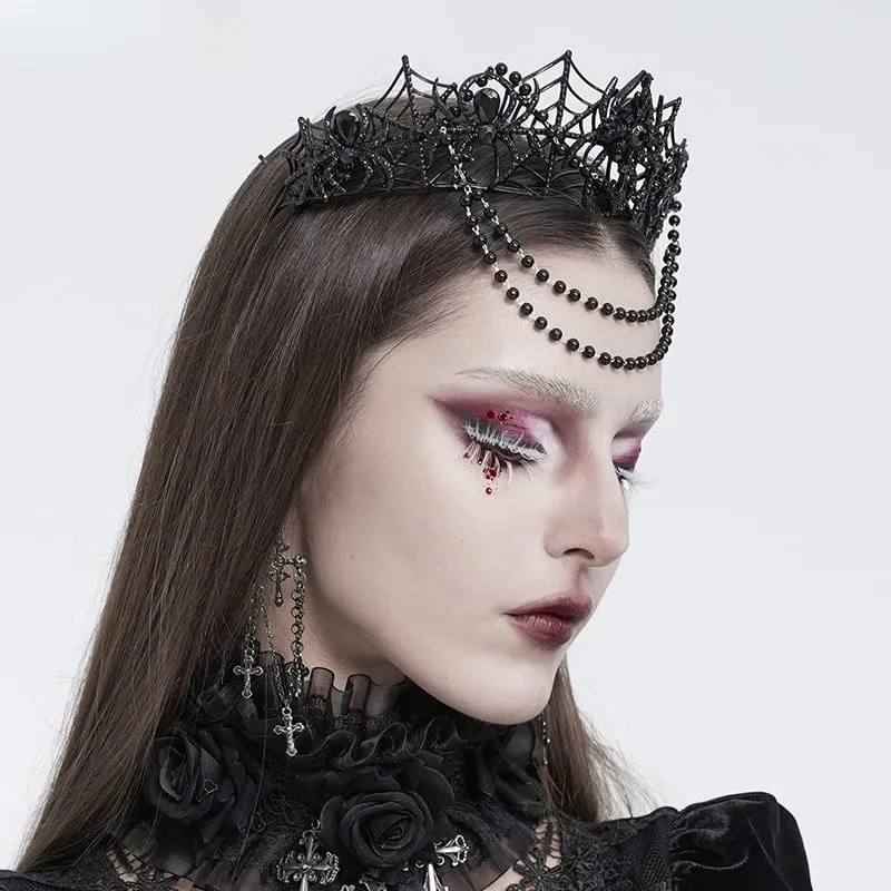 Gothic-Krone für Damen mit Spinnennetz-Motiv und Perlenkette