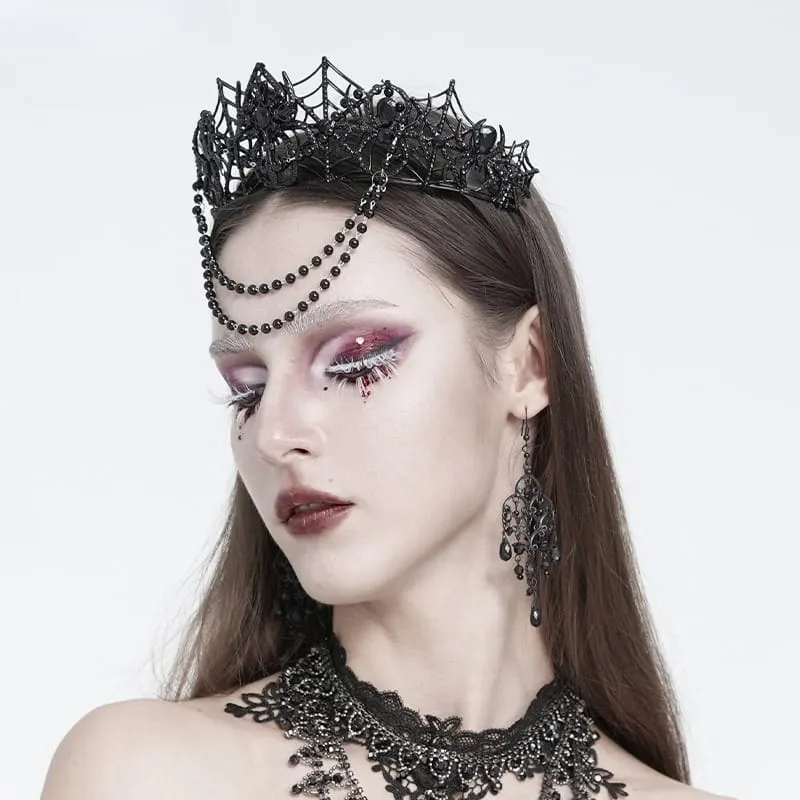 Gothic-Krone für Damen mit Spinnennetz-Motiv und Perlenkette