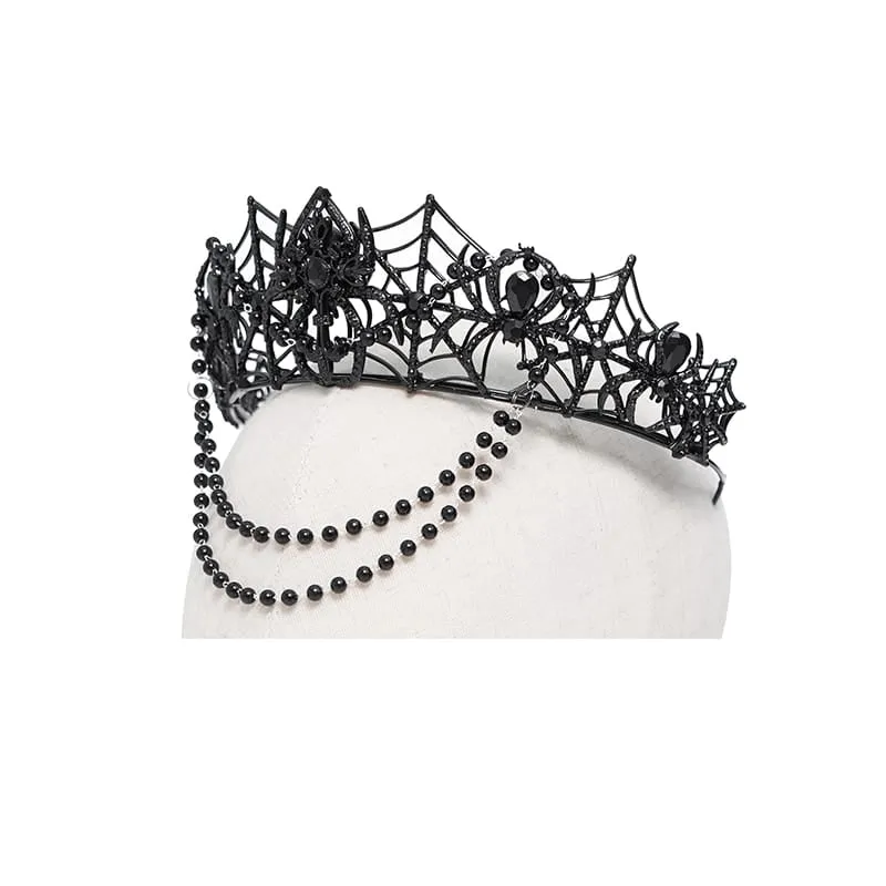 Gothic-Krone für Damen mit Spinnennetz-Motiv und Perlenkette