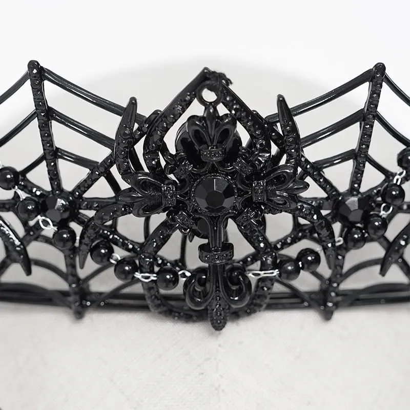 Gothic-Krone für Damen mit Spinnennetz-Motiv und Perlenkette