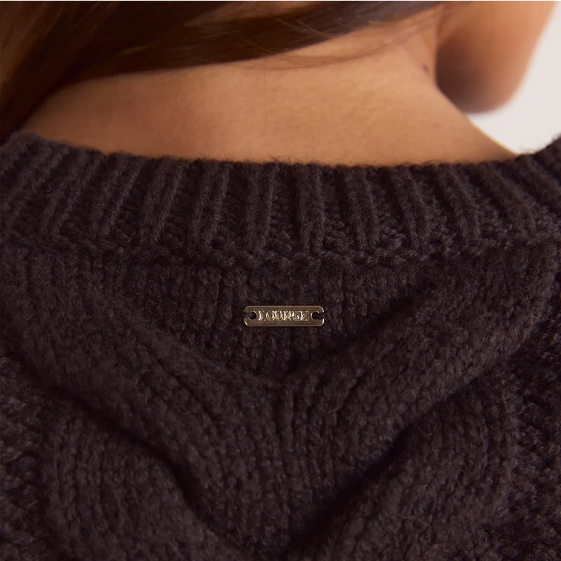 Kurzer Zopfstrickpullover - Dunkle Schokolade