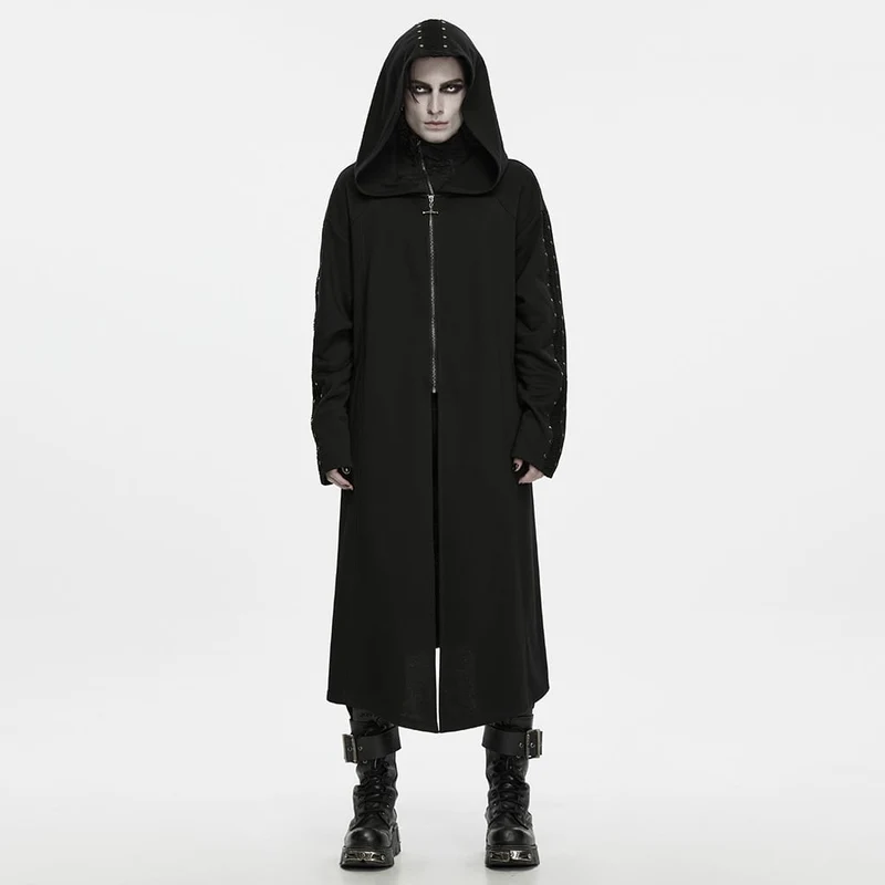 Punk-Herrenjacke mit Nieten, Frontreißverschluss und Kapuze, lang