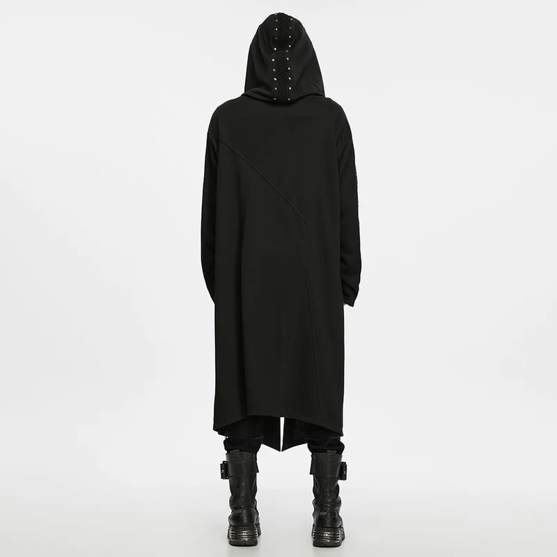 Punk-Herrenjacke mit Nieten, Frontreißverschluss und Kapuze, lang