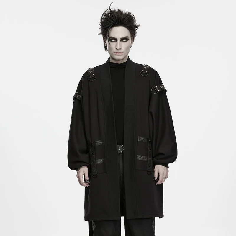 Punk-Strickjacke für Herren mit Ösen, Nieten, großer Tasche und Laternenärmeln