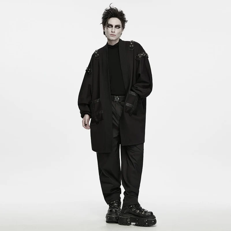 Punk-Strickjacke für Herren mit Ösen, Nieten, großer Tasche und Laternenärmeln