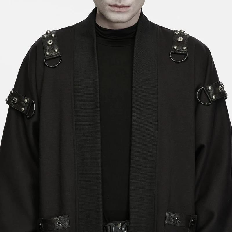 Punk-Strickjacke für Herren mit Ösen, Nieten, großer Tasche und Laternenärmeln