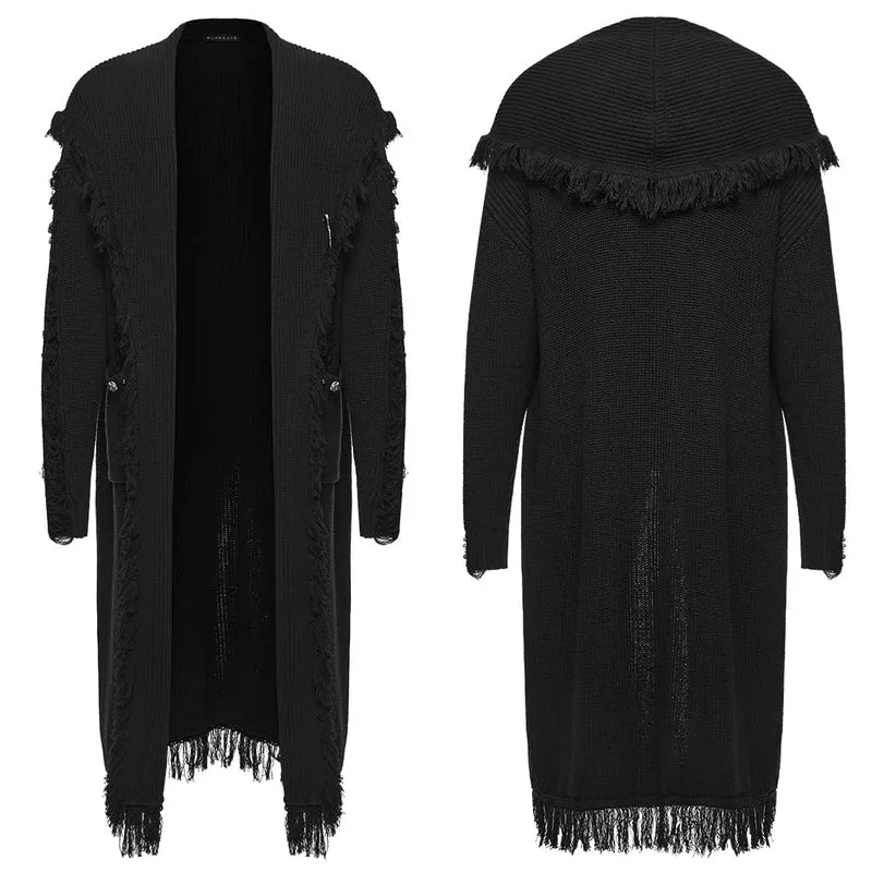 Gothic-Strickjacke für Herren mit Blumenmuster, geprägten Knöpfen, großer Tasche, Reverskragen und Fransen