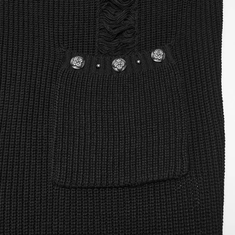 Gothic-Strickjacke für Herren mit Blumenmuster, geprägten Knöpfen, großer Tasche, Reverskragen und Fransen