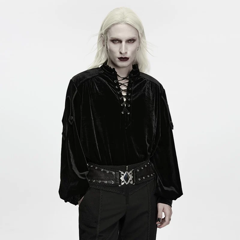 Gothic-Samtoberteil für Herren mit Stehkragen, Schnürung und Laternenärmeln