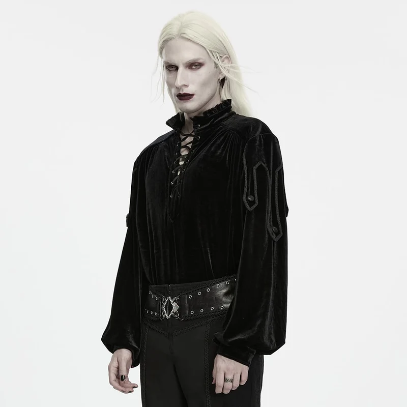 Gothic-Samtoberteil für Herren mit Stehkragen, Schnürung und Laternenärmeln