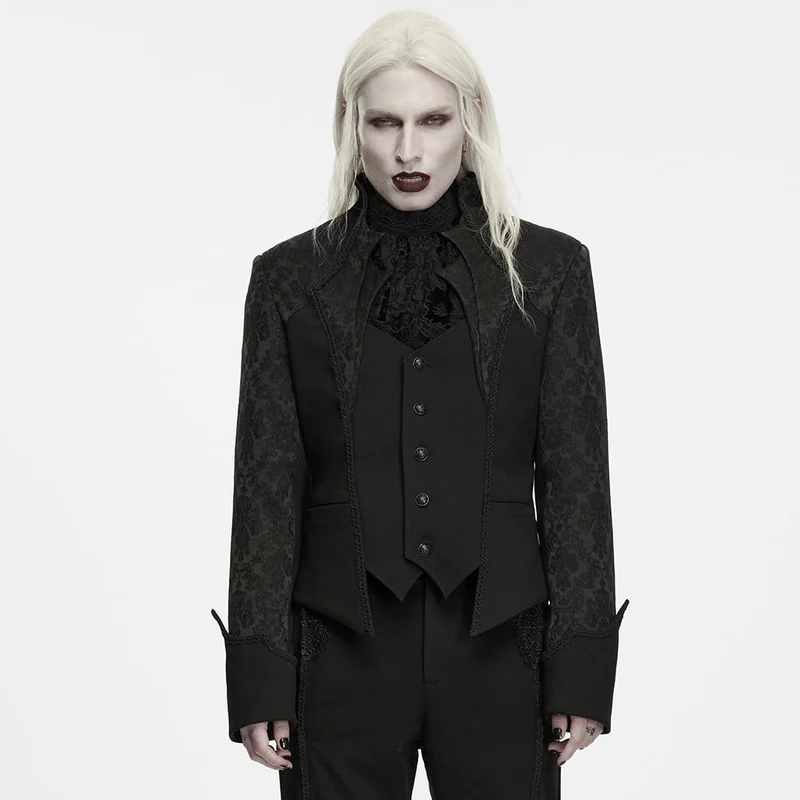 Gothic-Herrenjacke mit Stehkragen, einreihig, Jacquardmuster.