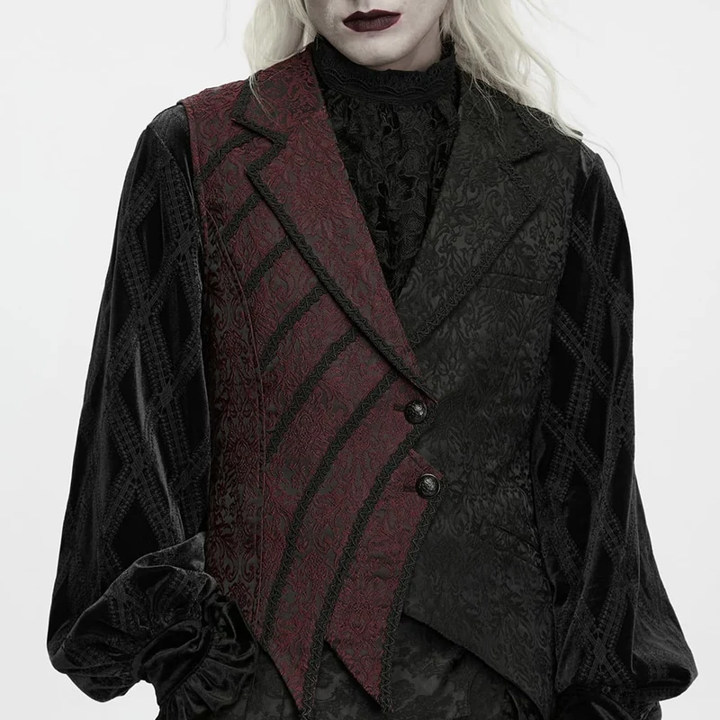 Gothic-Weste für Herren mit zweifarbigem Revers, Jacquard-Muster und asymmetrischem Schnitt