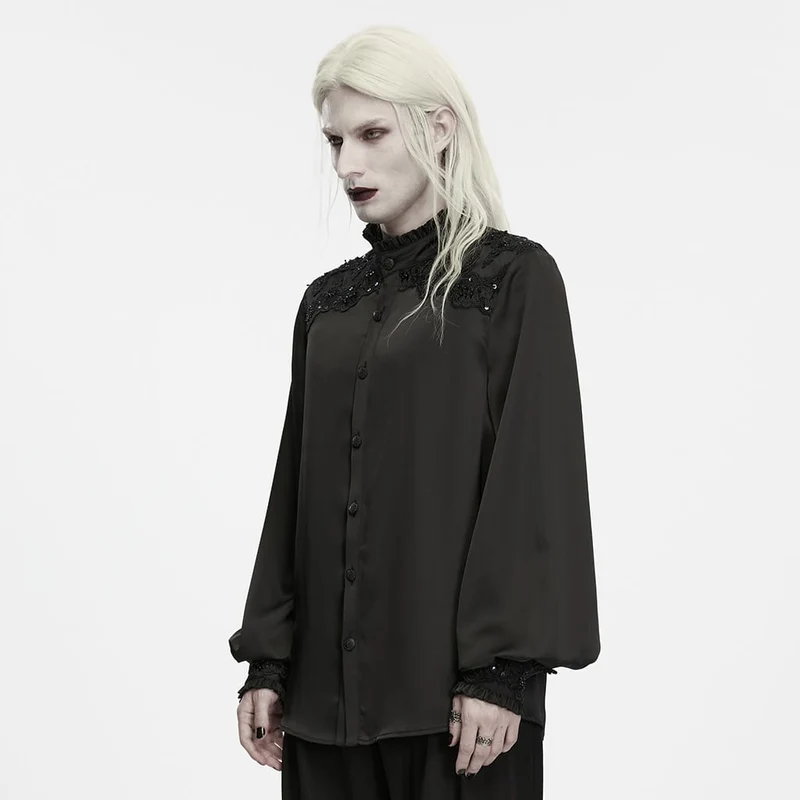 Gothic-Herrenhemd mit Pailletten, Perlen, Spitzenapplikationen und Laternenärmeln